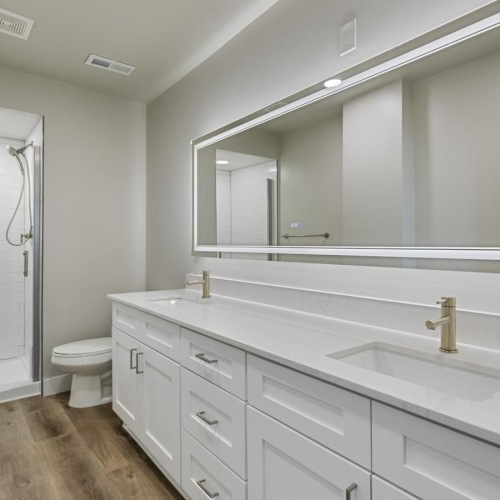 a bathroom with a large mirror